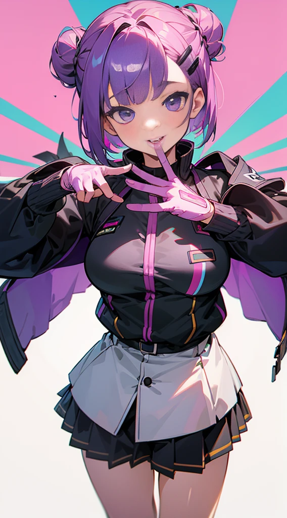 Top Quality, 8K, 4K, High Definition, Detail, (better-quality, 8K, 12), top-quality, 1 girl、only showing her face, she has purple hair, wearing a yellow pin on her right side of her hair, she has her hands together, she looking at you, she is smiling at you, medium breast, her jacket color dark gray with a pink zipper, pink eyes, showing her face and chesat, short hair long as her neck, (only showing half of her body) her jacket is loose. she is wearing earing only right ear shaped has a heart, she has her hand up making a pose, get closer to see up close of her face, she making a pose, she making pose her finger