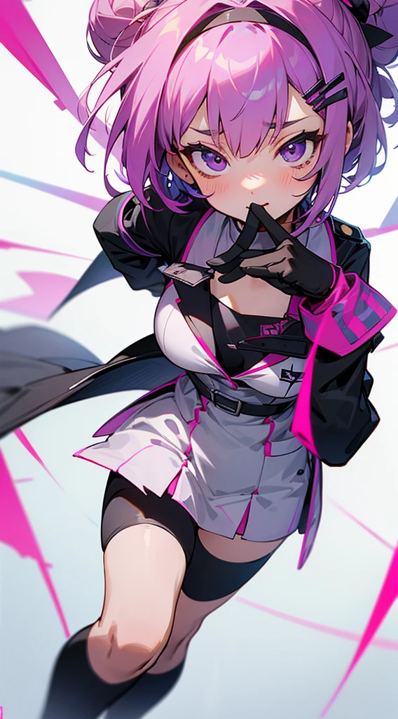 Top Quality, 8K, 4K, High Definition, Detail, (better-quality, 8K, 12), top-quality, 1 girl、purple short bob hair clip tied into a bun、black eyeedium breasts、uniform、gray jacket with pink line, fingerless gloves、thighs、Ilcha fousing on her, surprise face, having her hands her face, making cute surprise expressing. picture pose, she is standing up, she has a loil pop in her mouth, (she up close only showing face and her chest.)