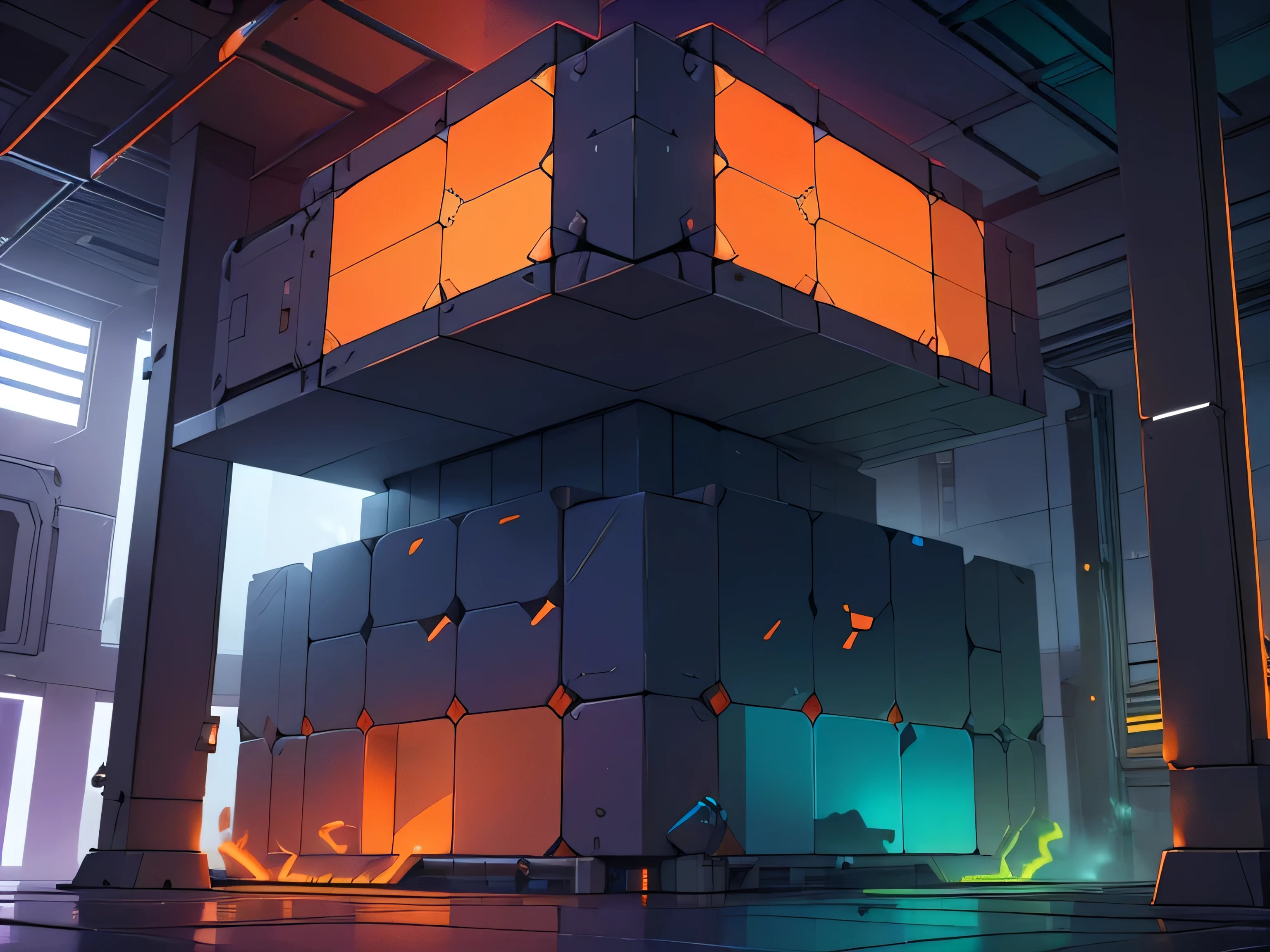 external view of a large structure built to be a gigantic cube-shaped chamber with magnetic tracks, moving and sliding around each other like engine pistons in unison, color-coded output coordinates (blue, red, green, yellow, orange, purple) around the interior walls.
