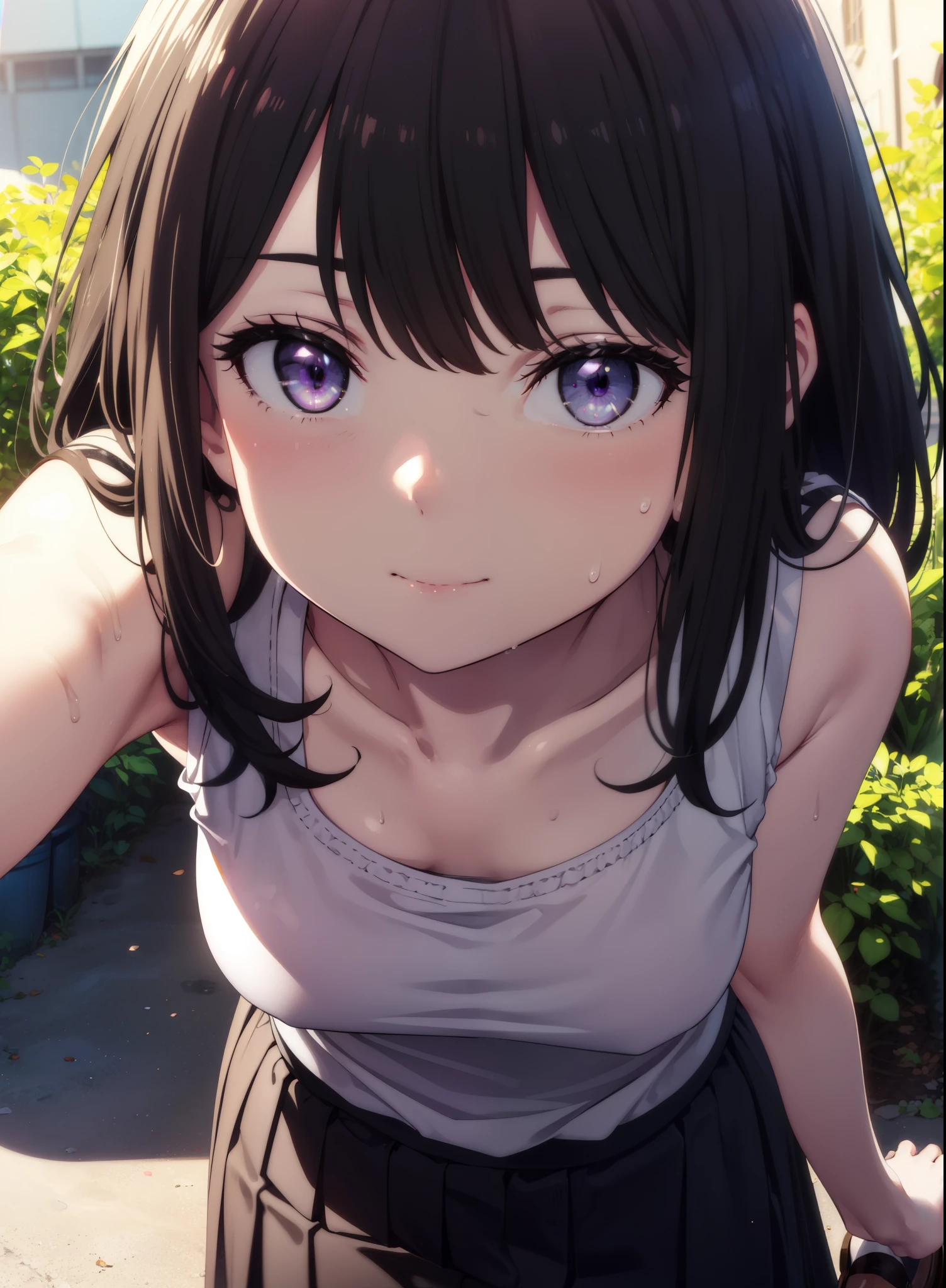 Takiuchikami, Check it out, Long Hair, bangs, Black Hair, (Purple eyes:1.2),happy smile, smile, Close your mouth,Sweat,White Tank Top,Checked skirt, Cute Sandals,Walking,Daytime,Clear skies,whole bodyがイラストに入るように,
break outdoors, countryside,
break looking at viewer, whole body, (Cowboy Shot:1. 5)
break (masterpiece:1.2), Highest quality, High resolution, unity 8k wallpaper, (figure:0.8), (Beautiful attention to detail:1.6), Highly detailed face, Perfect lighting, Highly detailed CG, (Perfect hands, Perfect Anatomy),