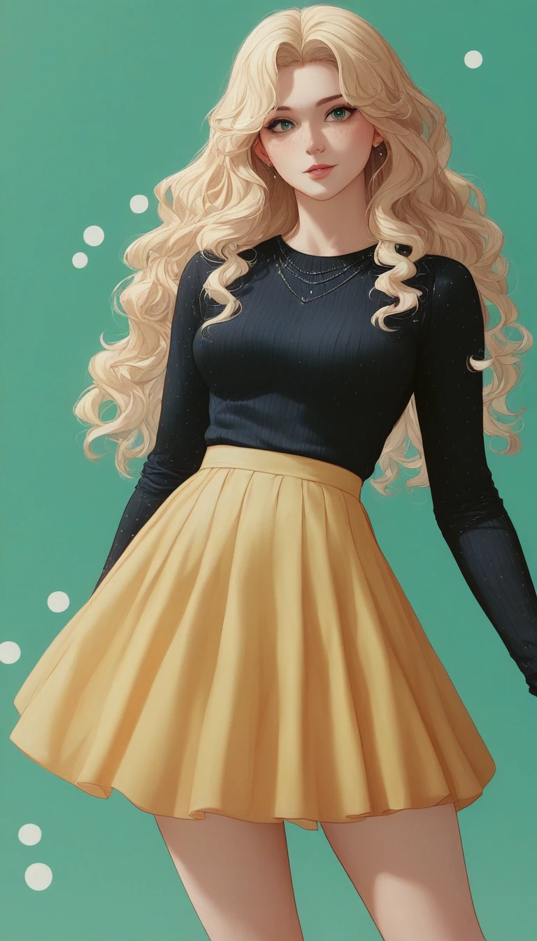 Ultra-realistic CG K ,((premium、8k、32k、Masterpiece、NFFSW:1.3)), (superfine illustration)、(super high resolution), (((adult body))), (Masterpiece, Best Quality:1.2),a beautiful girl，Skin details processing...，The eyes are finely described...，delicate hair，long wavy hair，long light hair，She has a big bow on her head..，black sweater，white dots，Skirt，green，clean background