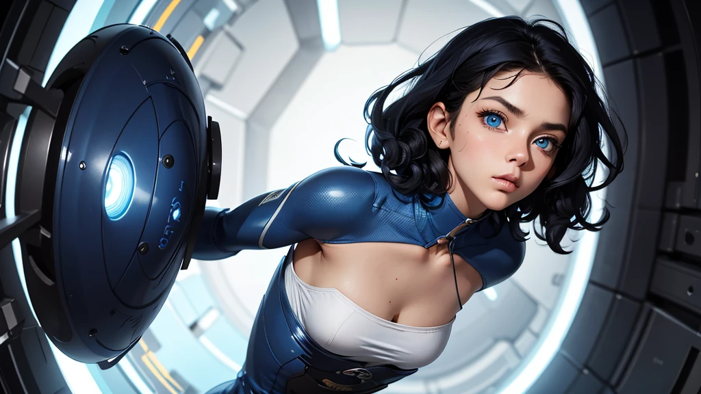 4k ultra high quality, human woman, sharp blue eyes, round face, small slightly upturned nose, curious expression, short curly blue-black hair, wearing modest blue dress, standing