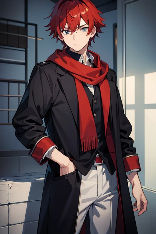 masterpiece, Highest quality, High resolution，Anime Style、male、age：  Height： 175cm Body Type： Standard body type Hair： Red hair。With short hair、A little disheveled。 pupil： 深紅色のpupil。Has a sharp gaze。 clothing： Wearing a black coat and trousers。A red scarf is wrapped around her neck。 others： Scar on left arm。 Features