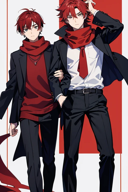 masterpiece, Highest quality, High resolution，Anime Style、male、age： 17 years old Height： 175cm Body Type： Standard body type Hair： Red hair。With short hair、A little disheveled。 pupil： 深紅色のpupil。Has a sharp gaze。 clothing： Wearing a black coat and trousers。A red scarf is wrapped around her neck。 others： Scar on left arm。 Features