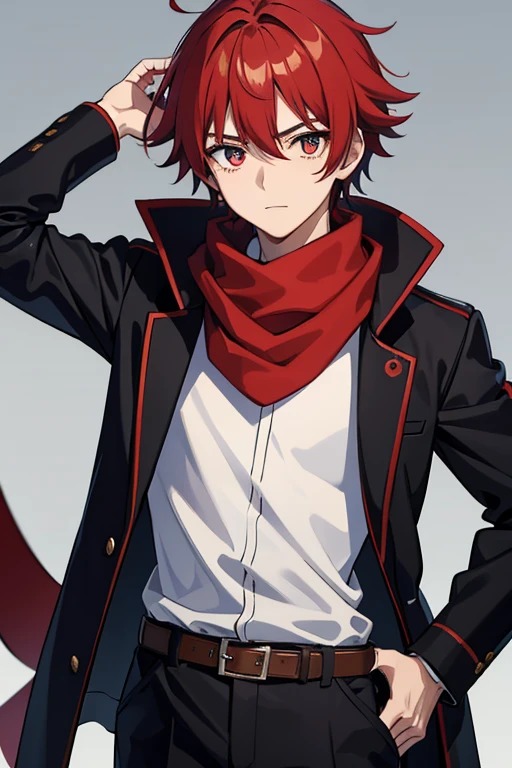 masterpiece, Highest quality, High resolution，Anime Style、male、age： 17 years old Height： 175cm Body Type： Standard body type Hair： Red hair。With short hair、A little disheveled。 pupil： 深紅色のpupil。Has a sharp gaze。 clothing： Wearing a black coat and trousers。A red scarf is wrapped around her neck。 others： Scar on left arm。 Features