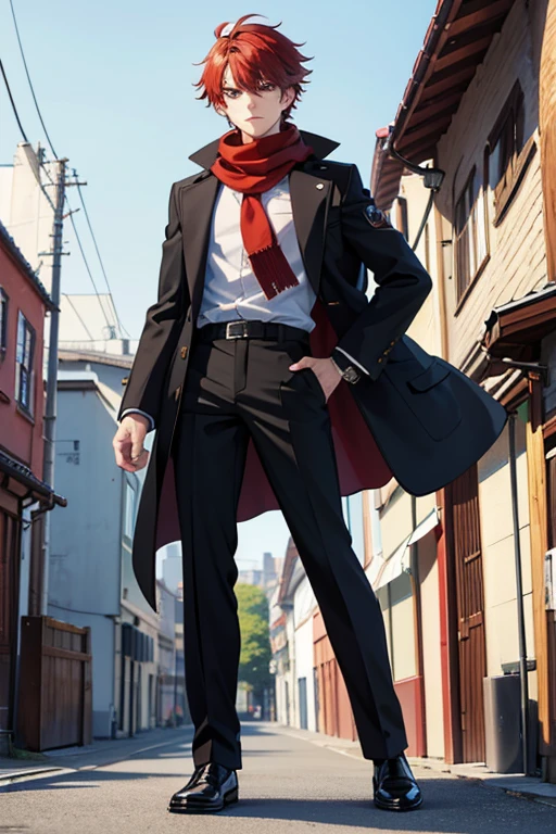 masterpiece, Highest quality, High resolution，Anime Style、male、age： 17 years old Height： 175cm Body Type： Standard body type Hair： Red hair。With short hair、A little disheveled。 pupil： 深紅色のpupil。Has a sharp gaze。 clothing： Wearing a black coat and trousers。A red scarf is wrapped around her neck。 others： Scar on left arm。 Features