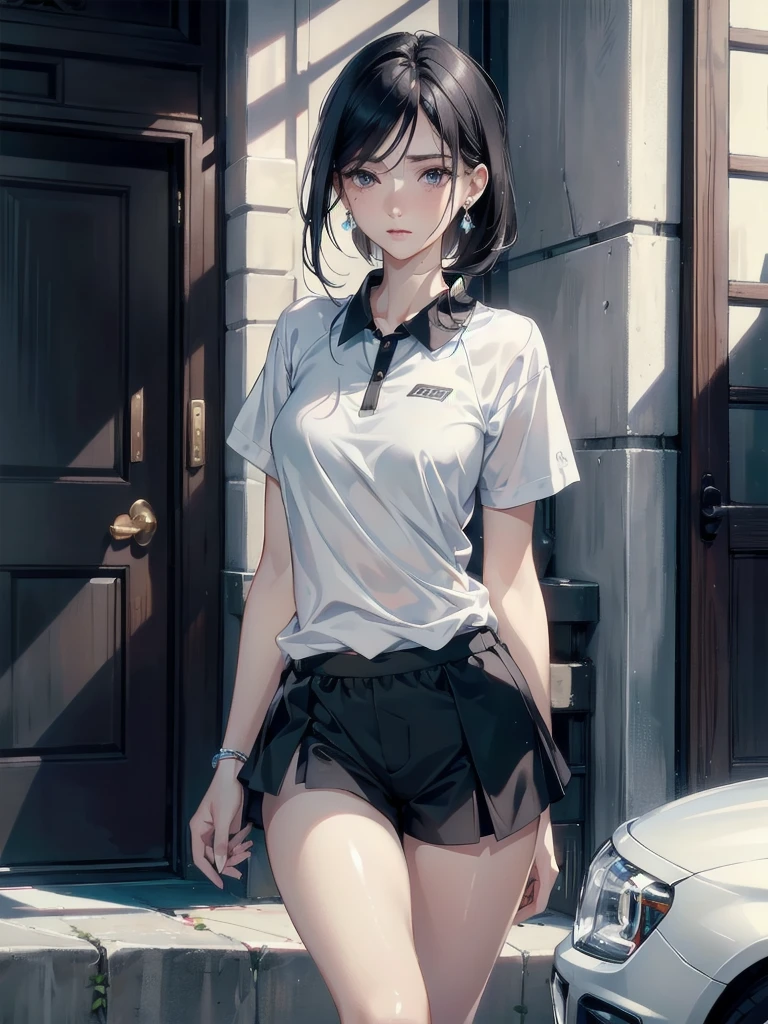 absurdres, RAW photo, extremely delicate and beautiful, masterpiece, Best Quality, ultra high resolution, 32k, hyperrealistic, ultra-detailed, perfect anatomy, super Detailed skin, perfect figure, Japanese woman, late 20s, very Slim body, narrow waist, very small head, handsome detailed woman, very detailed eyes and face, realistic face proportions, Stunning detailed eyes, Realistic beautiful face, very small face, Realistic small beautiful eyes, tearful mole, earring, beautiful and very thin legs, beautiful and very thin thighs, (very huge round breasts), medium hair, black hair, whole body shot, ((Tennis Uniform)), shorts, ((outdoor)),