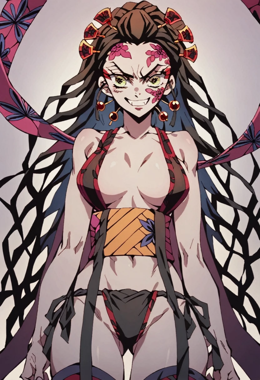 Daki from demon slayer, playful gaze, showing tits , alluring smile