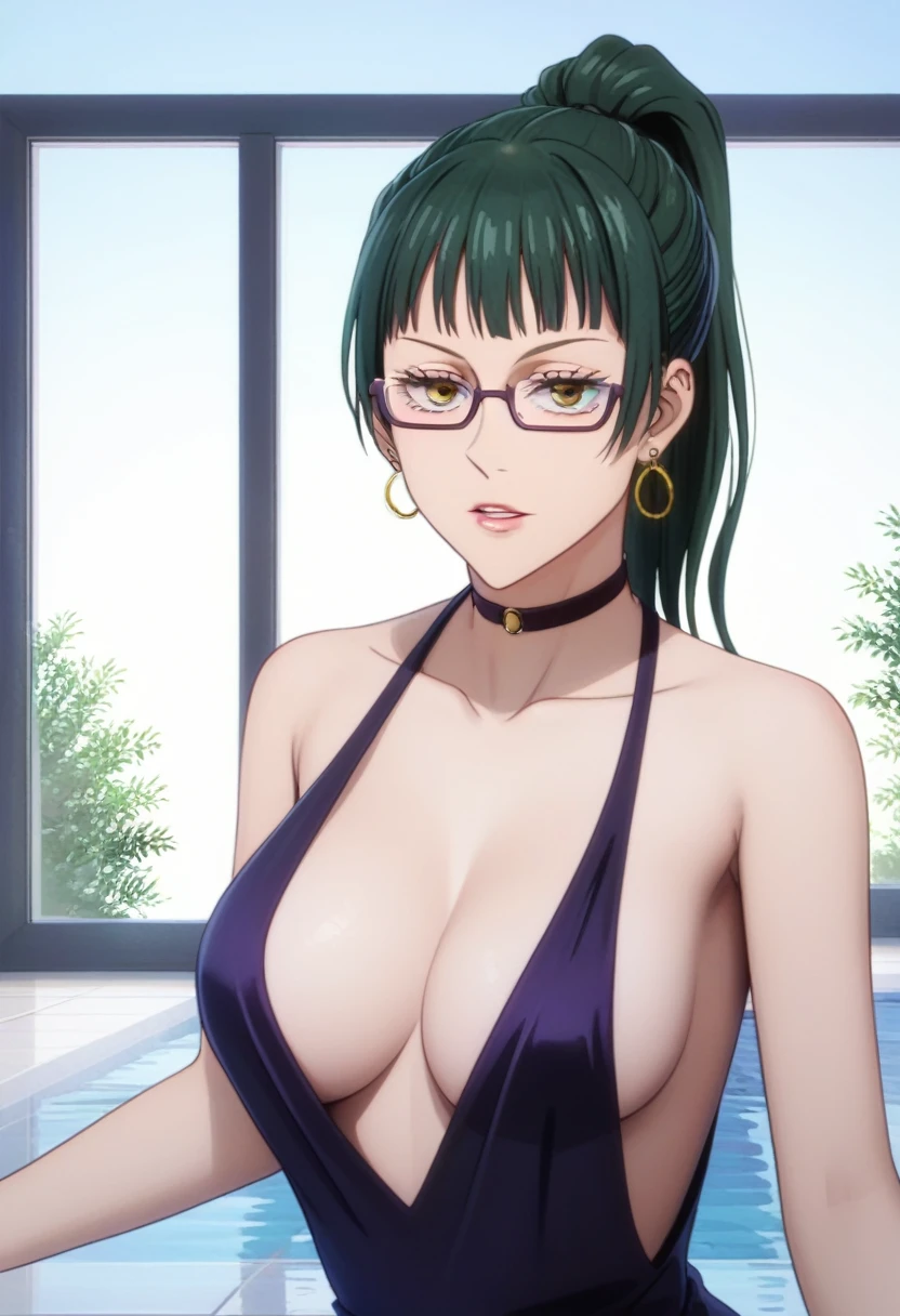 score_9_up, score_8_up, score_7_up, 1girl, solo, mature female, Maki, green ponytail  hair, yellow eyes, glasses, pink lips, parted lips, fit slim body, perfect medium erected breast, (((dark green evening dress with plunging neckline, golden earrings, golden rings, black choker with shining rhinestones))), (((white modern villa with panoramic windows, pool, sunset))), outdoors, looking at the viewer, perfect model body, seductive pose