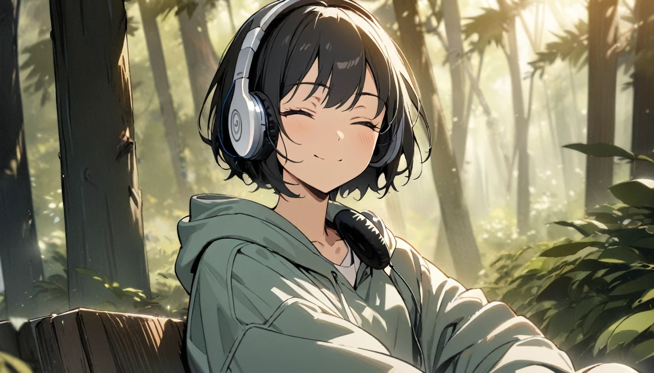 1girl, solo, gentle smile on her face flat chest, short hair, black hair, upper body, ((masterpiece, illustration, best quality)) ((best quality)), ((masterpiece)), (detailed), perfect face, sitting under a forest (Eucalyptus deglupta), listening to music, One woman, wearing headphones, eyes closed, wearing a hoodie