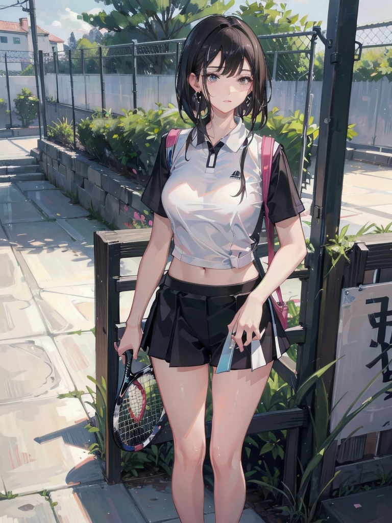 absurdres, RAW photo, extremely delicate and beautiful, masterpiece, Best Quality, ultra high resolution, 32k, hyperrealistic, ultra-detailed, in her 20s, delicate facial features, tearful mole, earring, medium breasts, full body shot, shorter middle hair, black hair, tennis uniform, shirt, shorts,