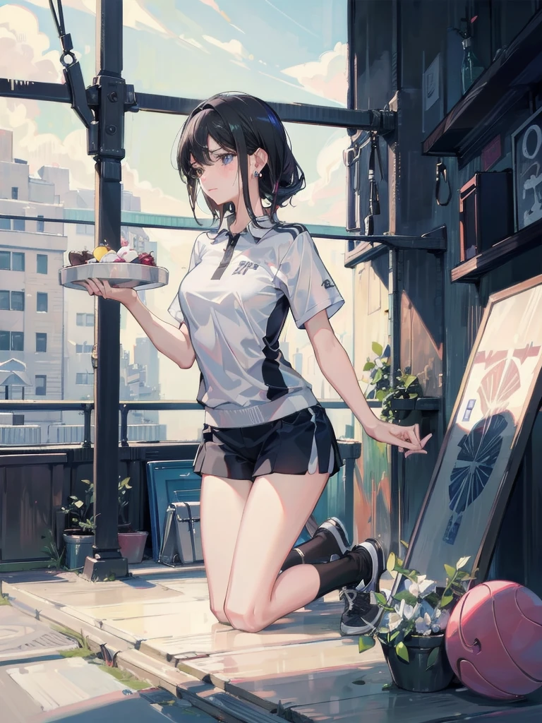 absurdres, RAW photo, extremely delicate and beautiful, masterpiece, Best Quality, ultra high resolution, 32k, hyperrealistic, ultra-detailed, in her 20s, delicate facial features, tearful mole, earring, medium breasts, full body shot, shorter middle hair, black hair, tennis uniform, shirt, shorts,
