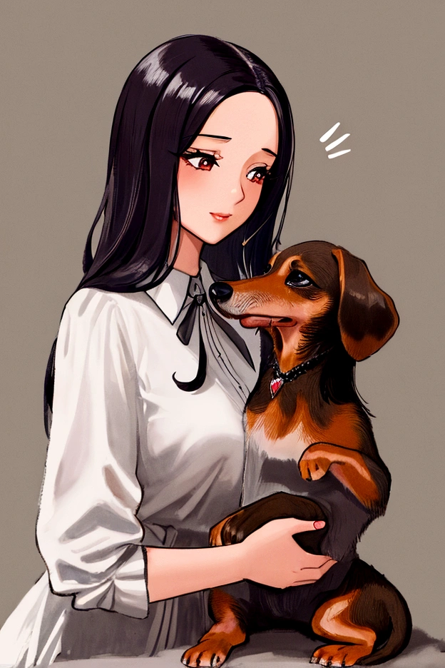 A hand-drawn illustration of a beautiful woman in light clothing playing with a silver dapple miniature dachshund, passion color