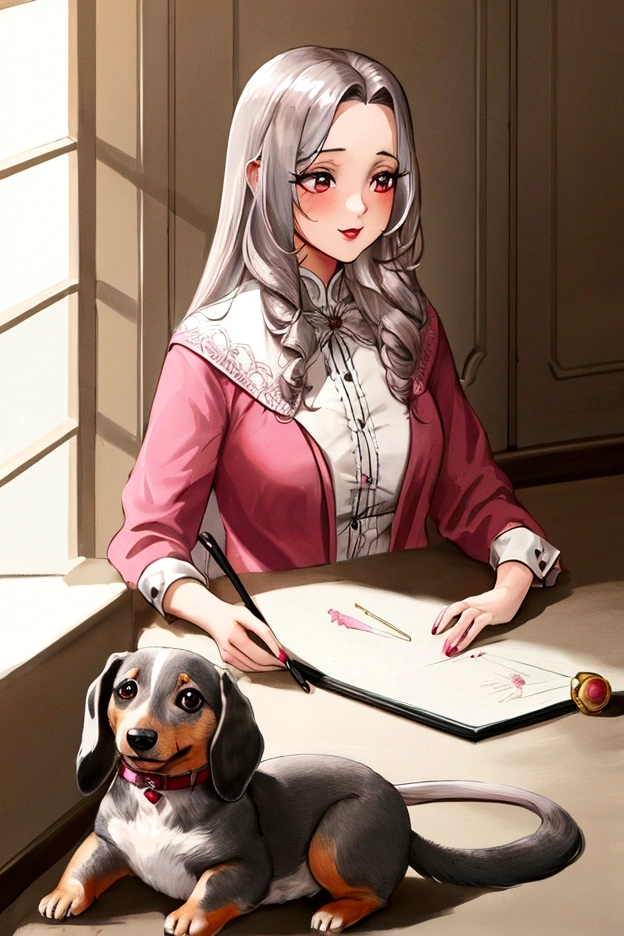 A hand-drawn illustration of a beautiful woman in light clothing playing with a silver dapple miniature dachshund, passion color