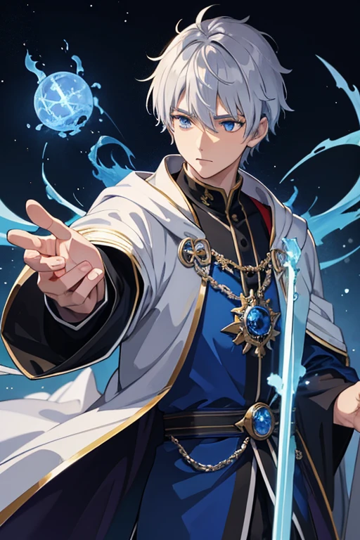 masterpiece, Highest quality, High resolution，Anime Style、Red hair、Short Hair、male、Wizard、Robe、magic、Blue Flame、With an ancient castle in the background、With a long cane、Upper body only