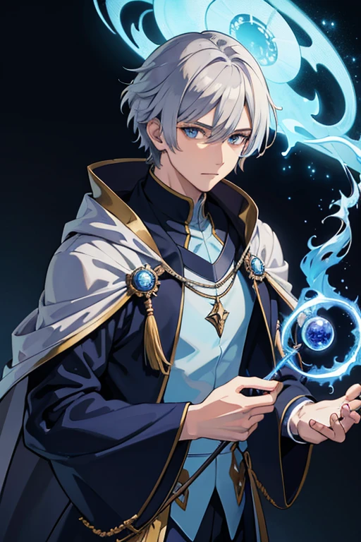 masterpiece, Highest quality, High resolution，Anime Style、Red hair、Short Hair、male、Wizard、Robe、magic、Blue Flame、With an ancient castle in the background、With a long cane、Upper body only