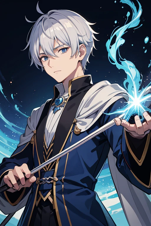 masterpiece, Highest quality, High resolution，Anime Style、Silver Hair、Short Hair、male、Wizard、Robe、magic、Blue Flame、With an ancient castle in the background、With a long cane、Upper body only