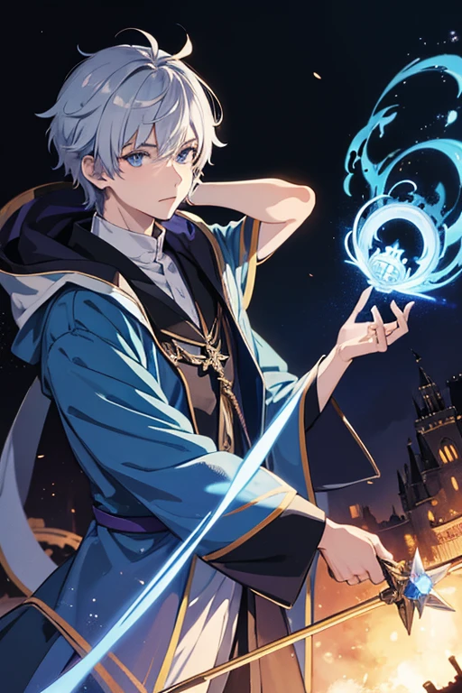 masterpiece, Highest quality, High resolution，Anime Style、Silver Hair、Short Hair、male、Wizard、Robe、magic、Blue Flame、With an ancient castle in the background、With a long cane、Upper body only