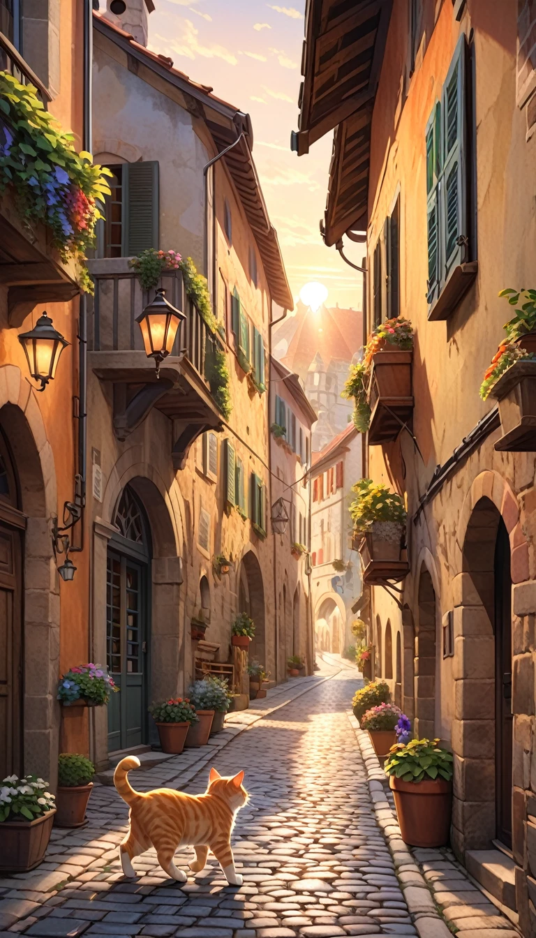 1cat running through the streets of a charming Italian town,,sharp focus,physically-based rendering,extreme detail description,professional,vivid colors,bokeh,street scene,medieval architecture,cobblestone roads,colorful buildings,laundry hanging from windows,potted plants,cats,warm lighting,golden hour,picturesque,cinematic,landscape,photography (art inspired by Bill Sienkiewicz). oil painting)
