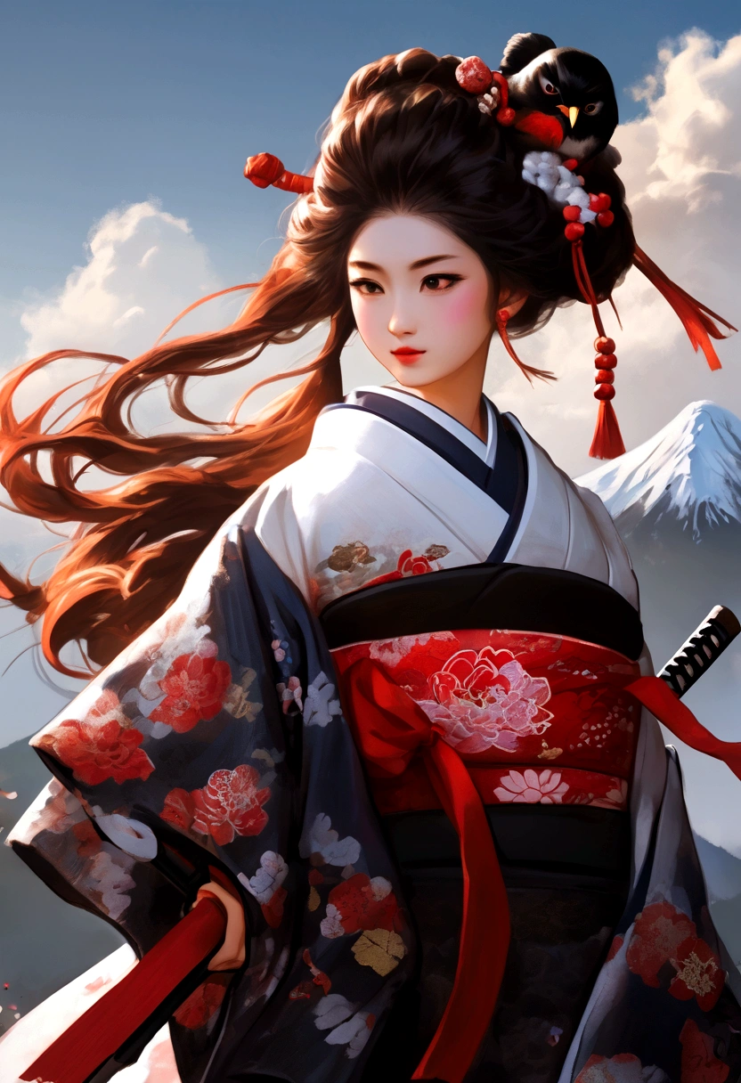 Masterpiece, Best Quality,1 girl, red bow, bow, wide, hair bow, Ropa ainu, Alone, hair band, bird, black fur, fingerless gloves, short sleeves, gloves, Wad of bills, pants, hits, red hair band, weapon, chest, Brown eyes, white pants, kimono, confused, light smile, Official Art, Good composition, official pose, detailed portrait, portrait, bokeh, clouds and mountain background, samurai, estilo onmyoji, high resolution, Dramatic lighting and shadows., sun flares, Blurry closeup