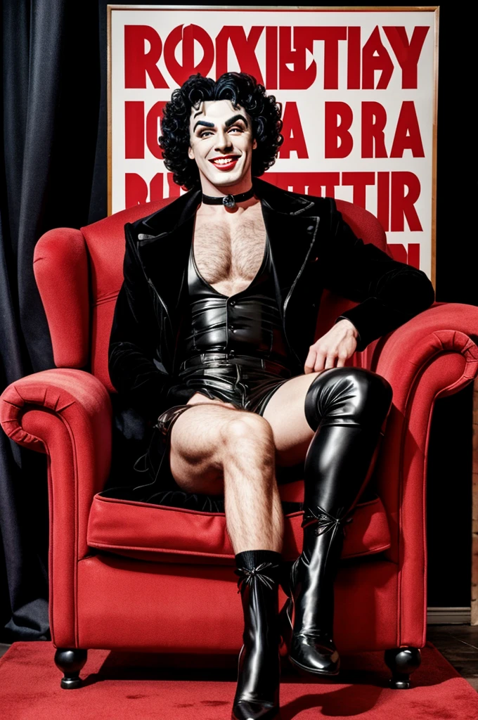 Frank-N-Furter full body, smiling sitting in a giant armchair, Rocky Horror Show, vintage, promotional poster style