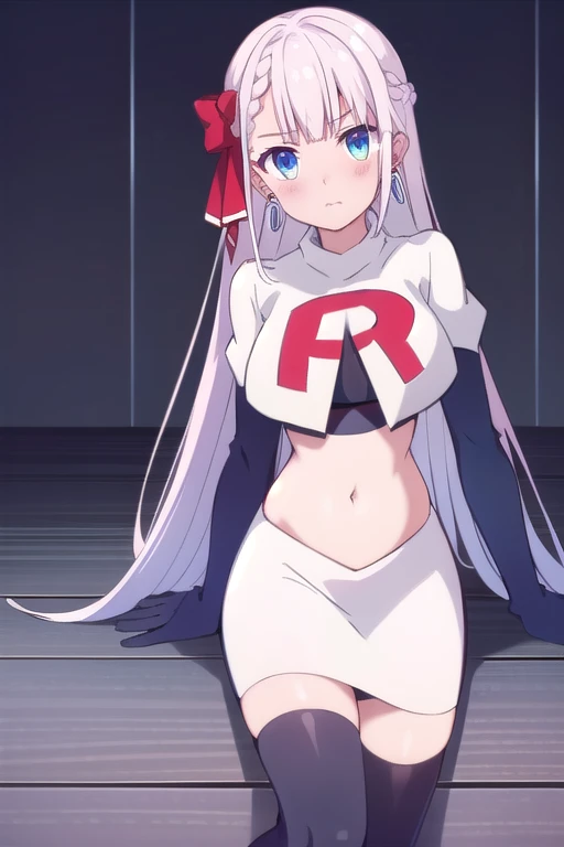 riselia,1girl,solo,braid,earrings,looking at viewer,blue eyes,bangs,ribbon,red ribbon,braided bangs,blush,team rocket,team rocket uniform,white skirt,red letter R,crop top,black thigh-highs,black elbow gloves