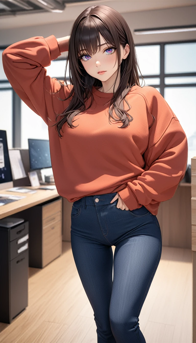 (((masterpiece))),(((High resolution)))、(((8K)))、(((perfect face)))、(((beauty of japan)))、30 years old、(((beautiful face))), (((office))), (((sweatshirt, skinny pants))), embarrassed look, look at the camera, top quality eyes, detailed texture, look at the camera, all body, big , Married woman, cool women, (((high resolution eyes)))
