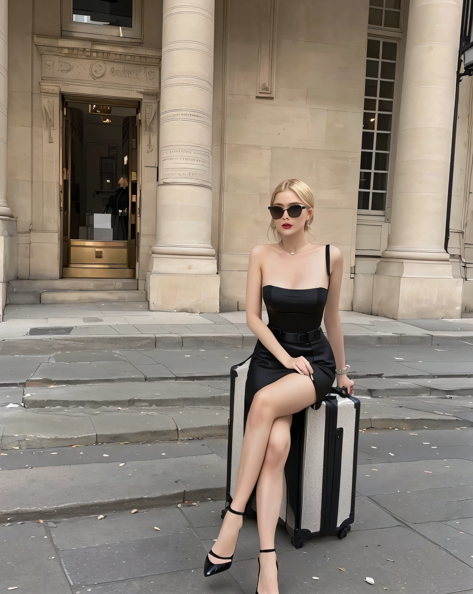 blonde woman sitting on a suitcase outside a building with a building in the background, in Paris, Roseanne park, sheath dress, Wearing a black dress, wearing a black camisole outfit, by Emma Andijewska, by Eva Frankfurther, elf eve, wearing black clothes, she is Wearing a black dress, christian dior style, 🤬 🤮 💕 🎀