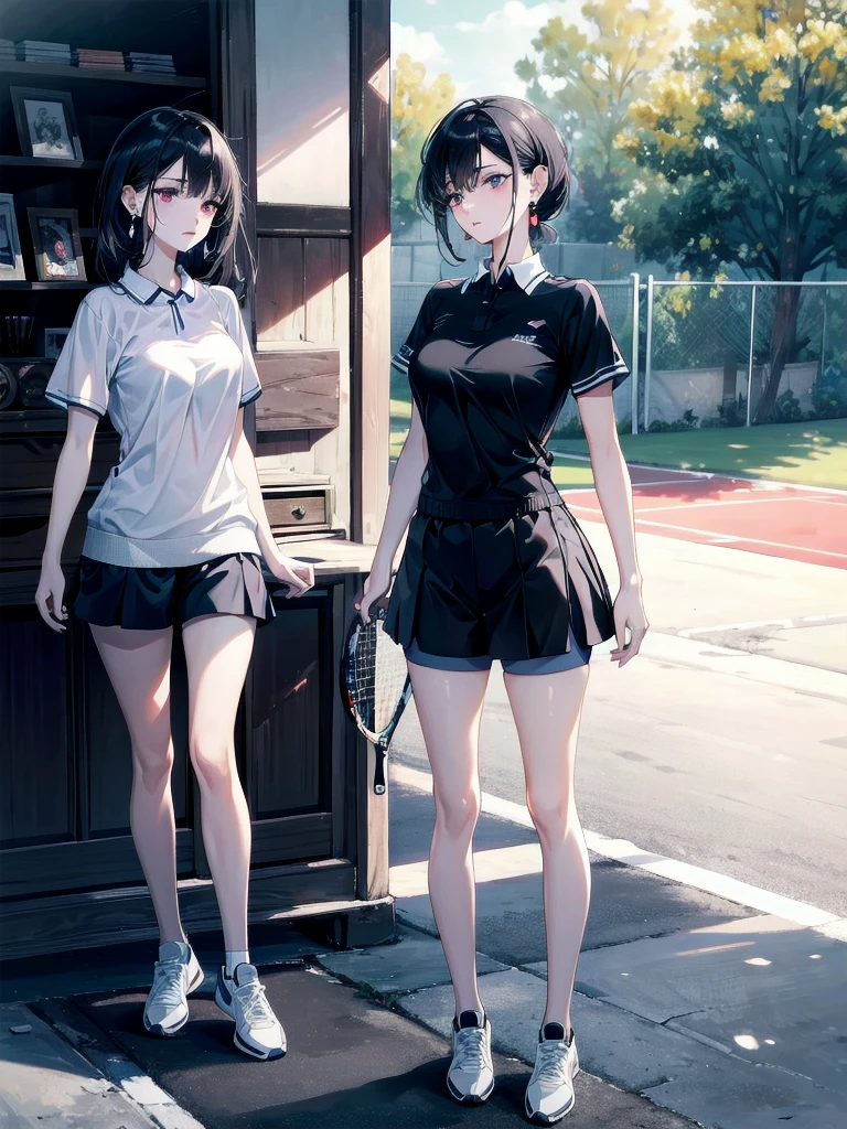 absurdres, RAW photo, extremely delicate and beautiful, masterpiece, Best Quality, ultra high resolution, 32k, hyperrealistic, ultra-detailed, perfect anatomy, super Detailed skin, perfect figure, Japanese woman, late 20s, very Slim body, narrow waist, very small head, handsome detailed woman, very detailed eyes and face, realistic face proportions, Stunning detailed eyes, Realistic beautiful face, very small face, Realistic small beautiful eyes, tearful mole, earring, beautiful and very thin legs, beautiful and very thin thighs, (very huge round breasts), medium hair, black hair, whole body shot, ((Tennis Uniform)), shorts, ((outdoor)),