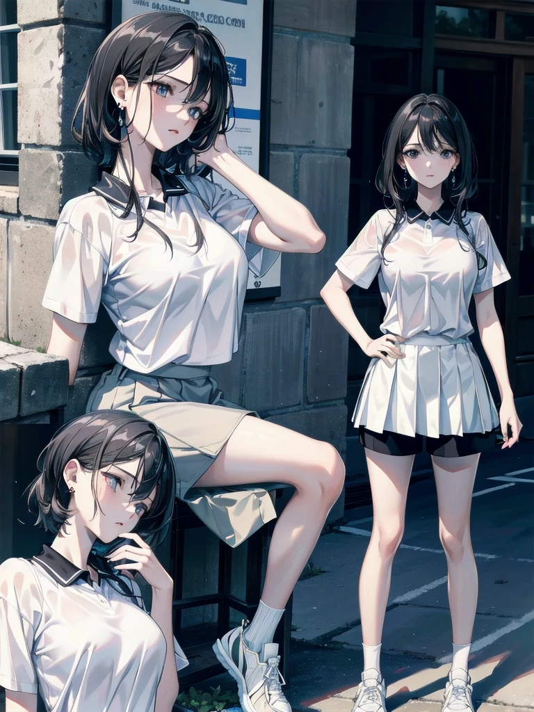 absurdres, RAW photo, extremely delicate and beautiful, masterpiece, Best Quality, ultra high resolution, 32k, hyperrealistic, ultra-detailed, in her 20s, delicate facial features, tearful mole, earring, medium breasts, full body shot, shorter middle hair, black hair, tennis uniform, shirt, shorts,