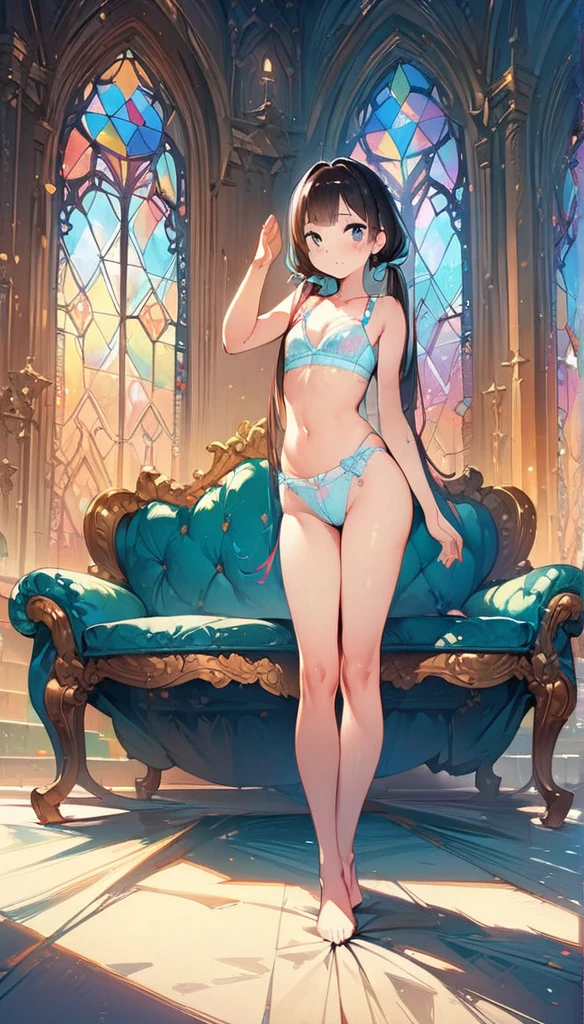 (masterpiece:1.8),(Highest quality:1.8),(Very detailed:1.8),(8k:1.8),(Ultra-fine Illustration:1.5),,,Straight low twintail,Flat Chest,Small Ass,(High-grade ,,lingerie:1.4),(Prayer Pose:1.5),Vintage sofa,,(Full body angle), Stained glass, Rainbow Gradient, Foundation, (bra:1.3), (lingerie,レース),