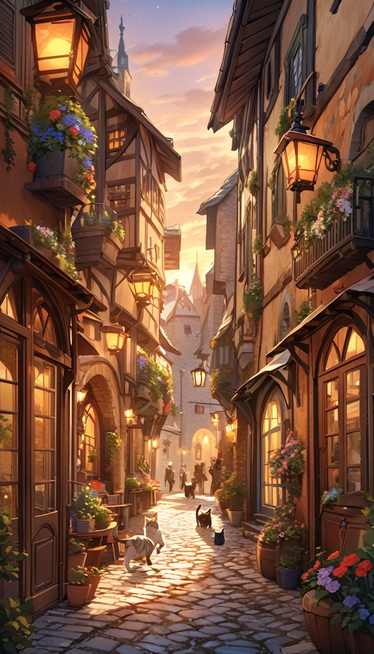 1cat running through the streets of a charming Italian town,,sharp focus,physically-based rendering,extreme detail description,professional,vivid colors,bokeh,street scene,medieval architecture,cobblestone roads,colorful buildings,laundry hanging from windows,potted plants,cats,warm lighting,golden hour,picturesque,cinematic,landscape,photography (art inspired by Bill Sienkiewicz). oil painting)