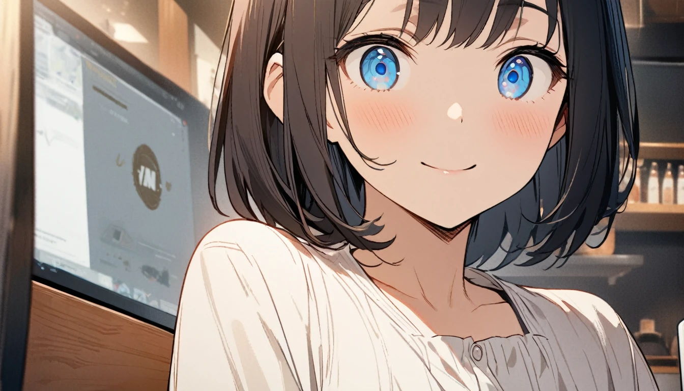 1girl, solo, blue eyes, (detailed eyes), flat chest, short hair, black hair, upper body, gentle smile on her face, wearing a white dress shirt, sitting up straight((masterpiece, illustration, best quality)) A woman operating a laptop in a stylish cafe、28 years old、adult atmosphere、Close-up, has a cup of coffee right beside he