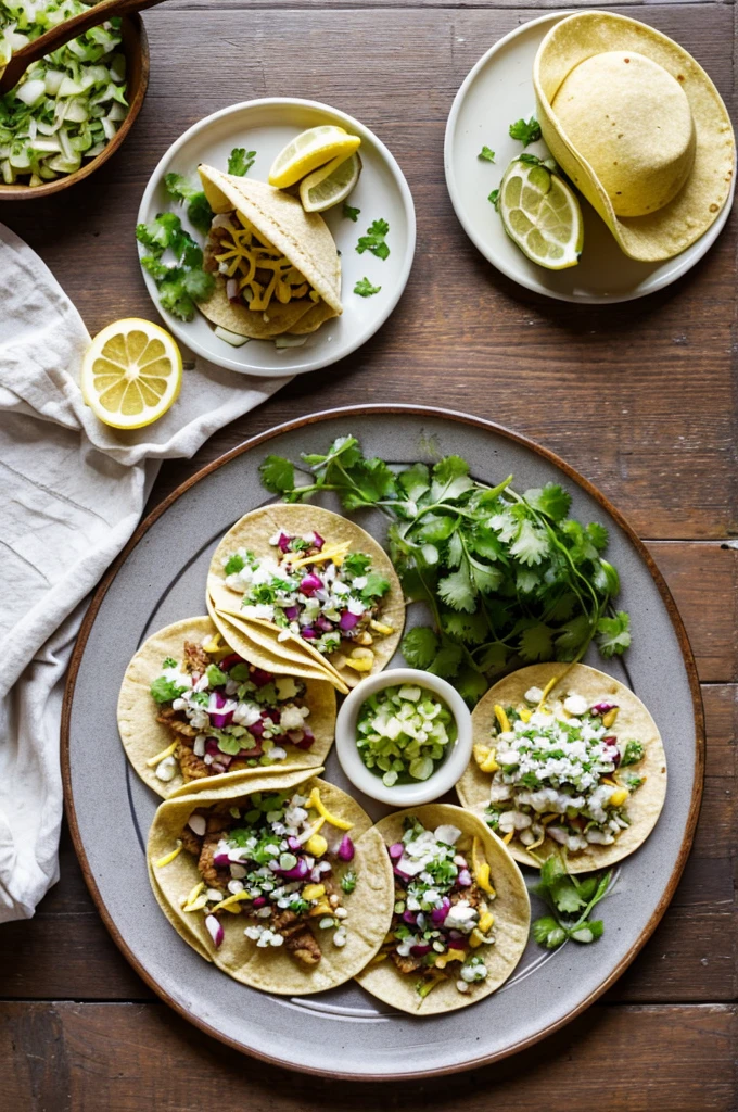 Wooden table with lemon plate, chopped onion and cilantro and tacos falling from the sky