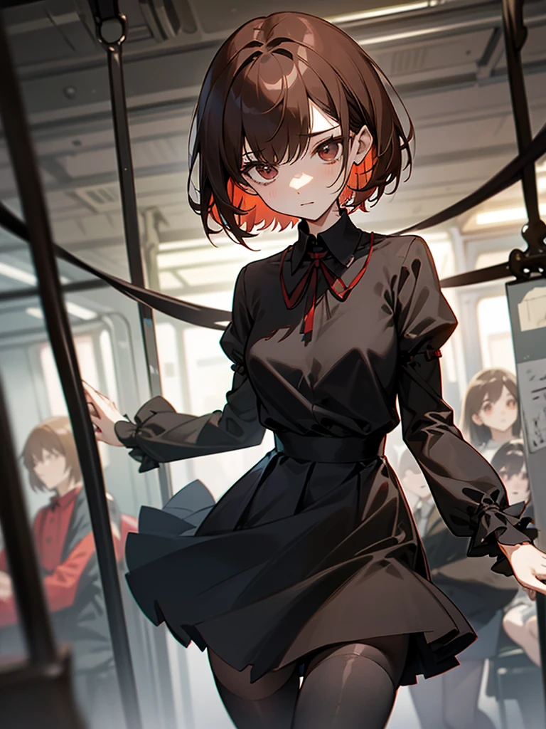 Reddish brown short length hair、Black chiffon blouse、Flared sleeves、ボウタイ、ribbon、Tight Skirt、Black Stockings、necklace、TİTS、slender、In a crowded train、Messed up、slender、High resolution face、Drawn eyes、