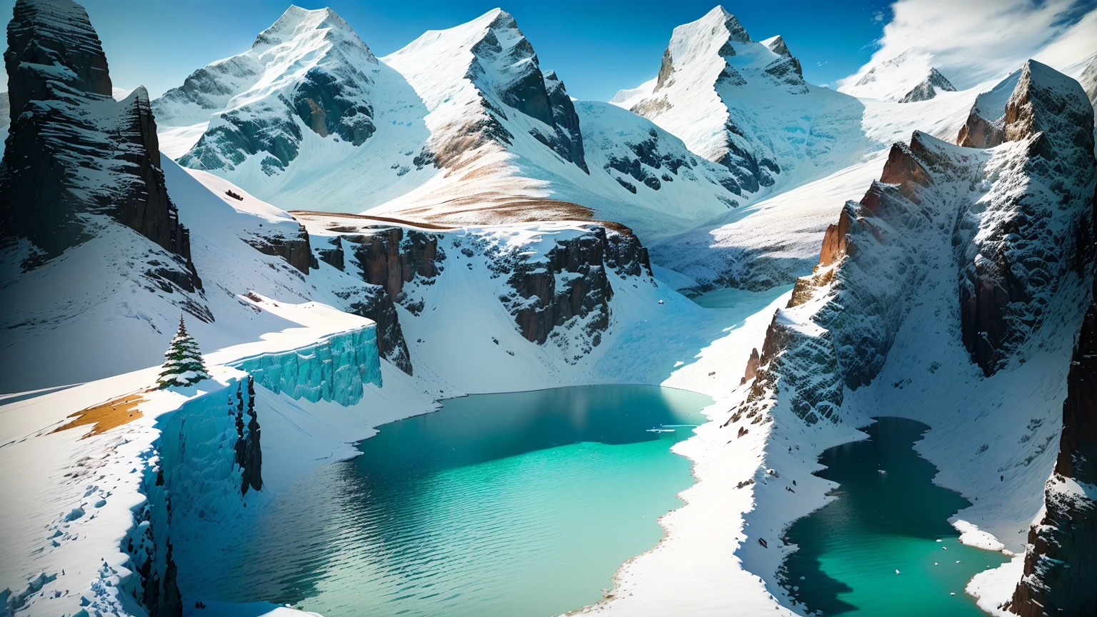 a view of a lake in the mountains with snow on the ground, with a snowy mountain and ice, mountains and lakes, mountain lake in sierra nevada, majestic snowy mountains, beautiful lake in the foreground, a lake between mountains, Andes, beautiful mountain background, snowy mountain background, beautiful lake, steep and sharp snowy mountains, in the Snowy Mountains, beautiful mountains behind