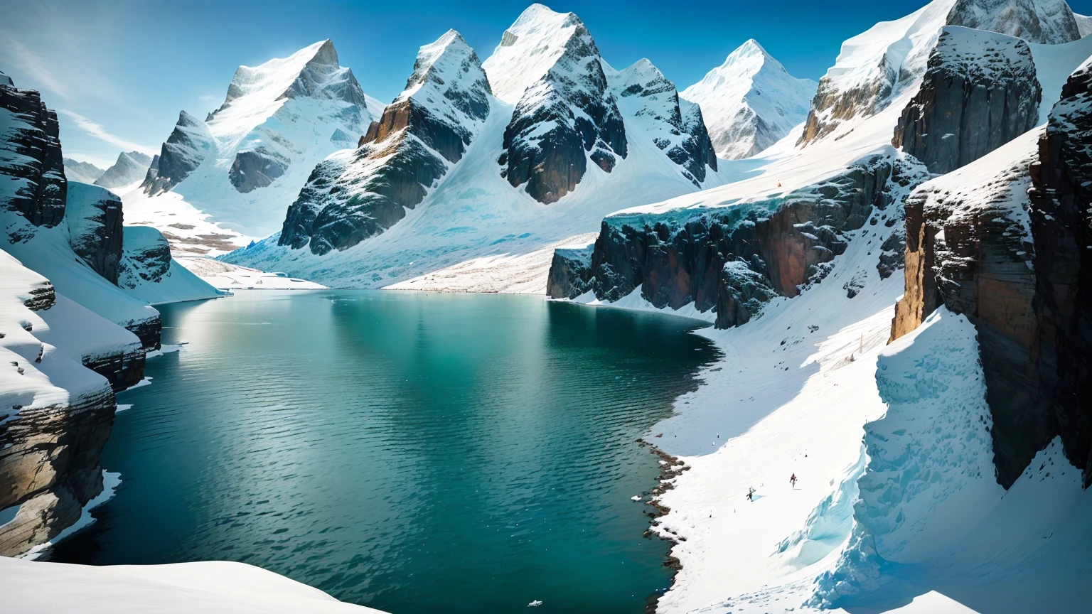 a view of a lake in the mountains with snow on the ground, with a snowy mountain and ice, mountains and lakes, mountain lake in sierra nevada, majestic snowy mountains, beautiful lake in the foreground, a lake between mountains, Andes, beautiful mountain background, snowy mountain background, beautiful lake, steep and sharp snowy mountains, in the Snowy Mountains, beautiful mountains behind
