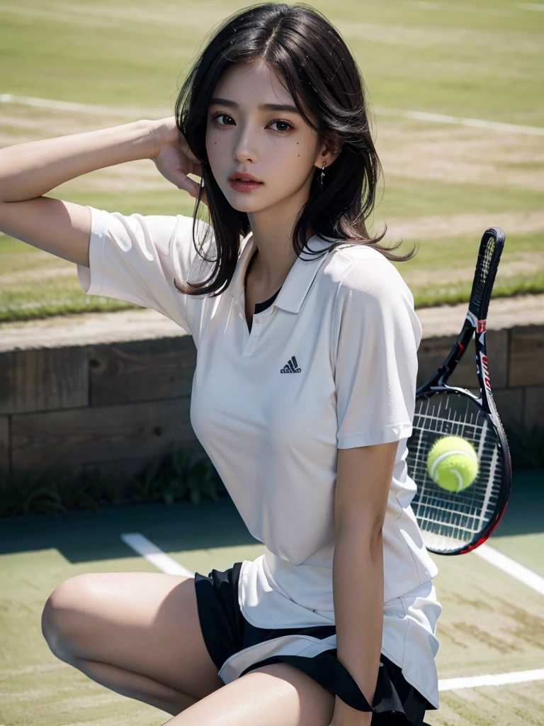 absurdres, RAW photo, extremely delicate and beautiful, masterpiece, Best Quality, ultra high resolution, 32k, hyperrealistic, ultra-detailed, in her 20s, delicate facial features, tearful mole, earring, huge breasts, full body shot, shorter middle hair, black hair, ((tennis uniform)), shirt, shorts,