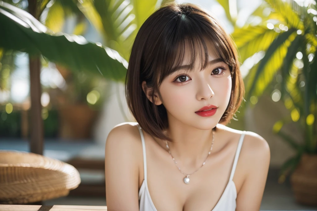 (Highest quality、On the table、8K、Best image quality、Award-winning works)、( girl, 14 ye、(White camisole:1.2)、(Red eyeshadow:1.2)、Perfect Makeup、Long eyelashes、Ultra HD Shining Eyes、Ultra HD Hair、Ultra-high resolution glossy lips、Ultra High Resolution Perfect Teeth、Ultra HD cute face、Brown Hair、(Very short straight hair:1.1)、Look at me and smile、[clavicle]、Accurate anatomy、Tropical Beach、(The most atmospheric warm light:1.2)、Blurred Background、Has bangs、Ultra-high-definition, shiny, moisturized face、Ultra-high resolution glowing skin、The most delicate face、Super high resolution detailed faces、ultra high resolution hair、Ultra high resolution glowing eyes、Beautiful face with delicate expression、Ultra high resolution glossy red lips、Big Breasts、Cleavage、Fashion Necklace、