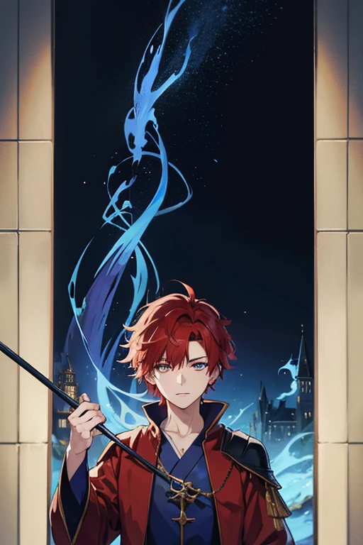 masterpiece, Highest quality, High resolution，Anime Style、Red hair、Short Hair、male、Wizard、Robe、magic、Blue Flame、With an ancient castle in the background、With a long cane、Upper body only