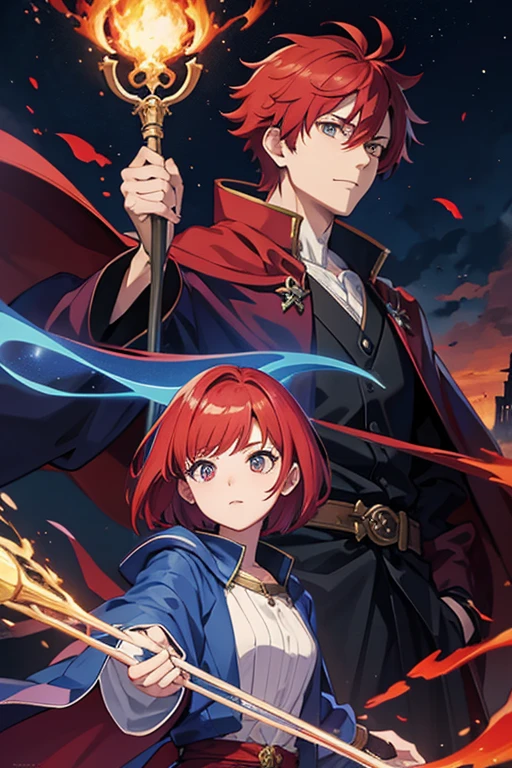 masterpiece, Highest quality, High resolution，Anime Style、Red hair、Short Hair、male、Wizard、Robe、magic、Blue Flame、With an ancient castle in the background、With a long cane、Upper body only