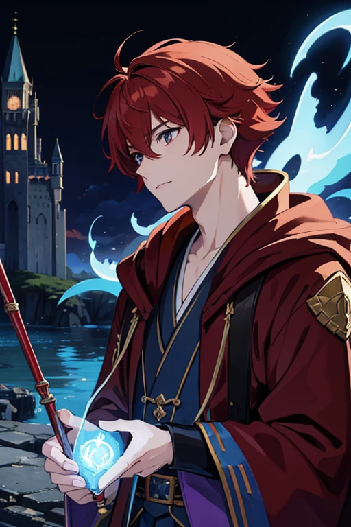 masterpiece, Highest quality, High resolution，Anime Style、Red hair、Short Hair、male、Wizard、Robe、magic、Blue Flame、With an ancient castle in the background、With a long cane、Upper body only