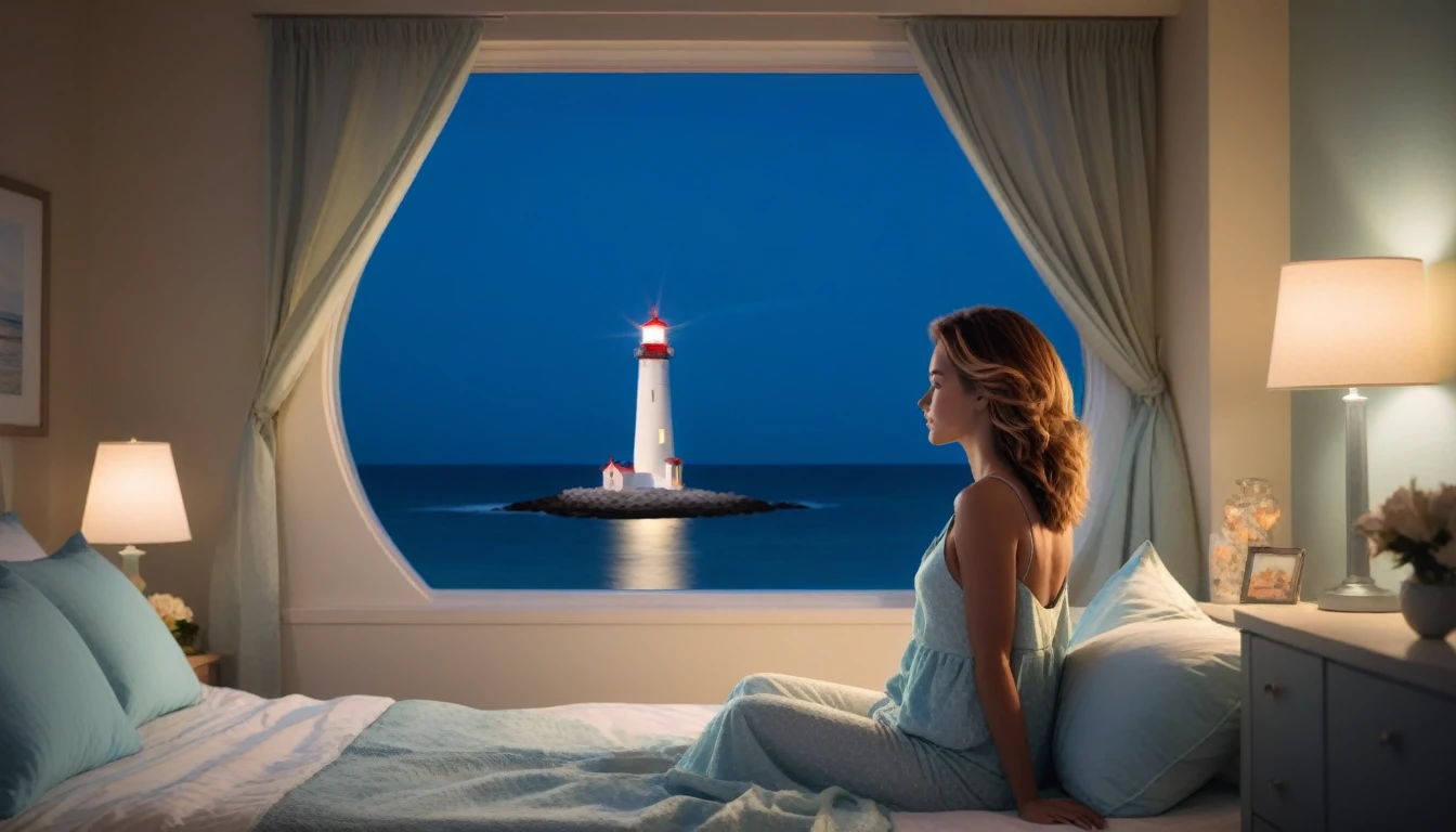low light bed room, woman seating at the window in bed, window showing a beach with a light house