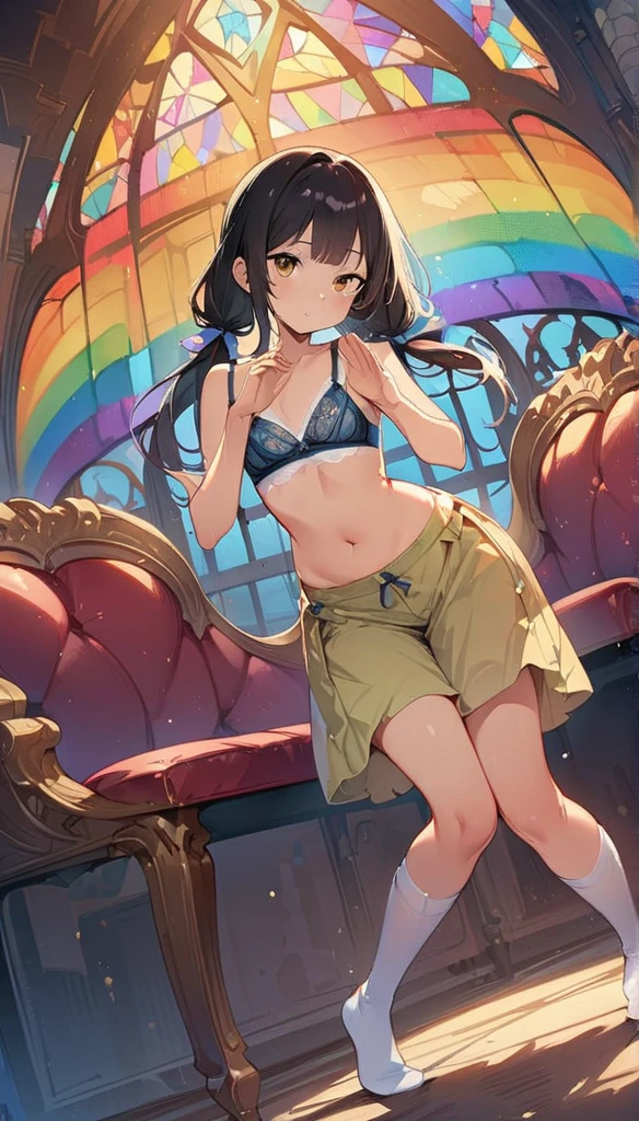(masterpiece:1.8),(Highest quality:1.8),(Very detailed:1.8),(8k:1.8),(Ultra-fine Illustration:1.5),,,Straight low twintail,Flat Chest,Small Ass,(High-grade ,,lingerie:1.4),(Prayer Pose:1.5),Vintage sofa,,(Full body angle), Stained glass, Rainbow Gradient, Foundation, (bra:1.3), (lingerie,culottes:1.6),シースルーブラジャー