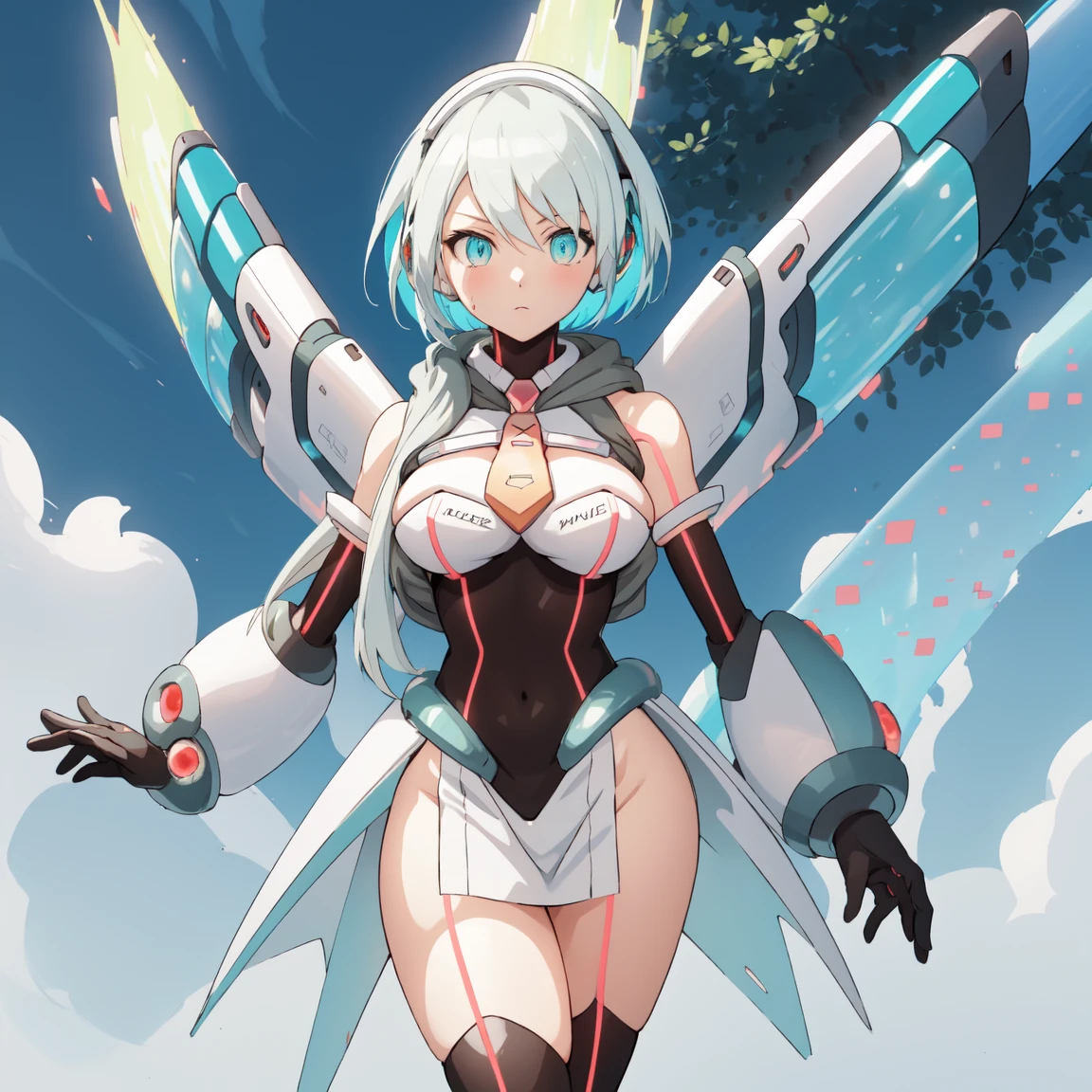 ico_megamanxdive, 1girl, blue eyes, solo, white hair, android, large breasts, black gloves, short hair, thighhighs, necktie, high quality, masterpiece, standing with green flames coming from a tree