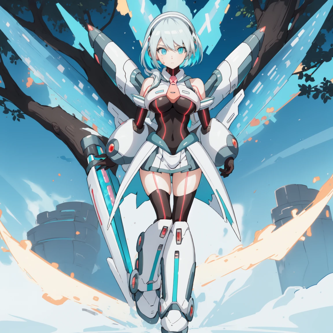 ico_megamanxdive, 1girl, blue eyes, solo, white hair, android, large breasts, black gloves, short hair, thighhighs, necktie, high quality, masterpiece, standing with green flames coming from a tree