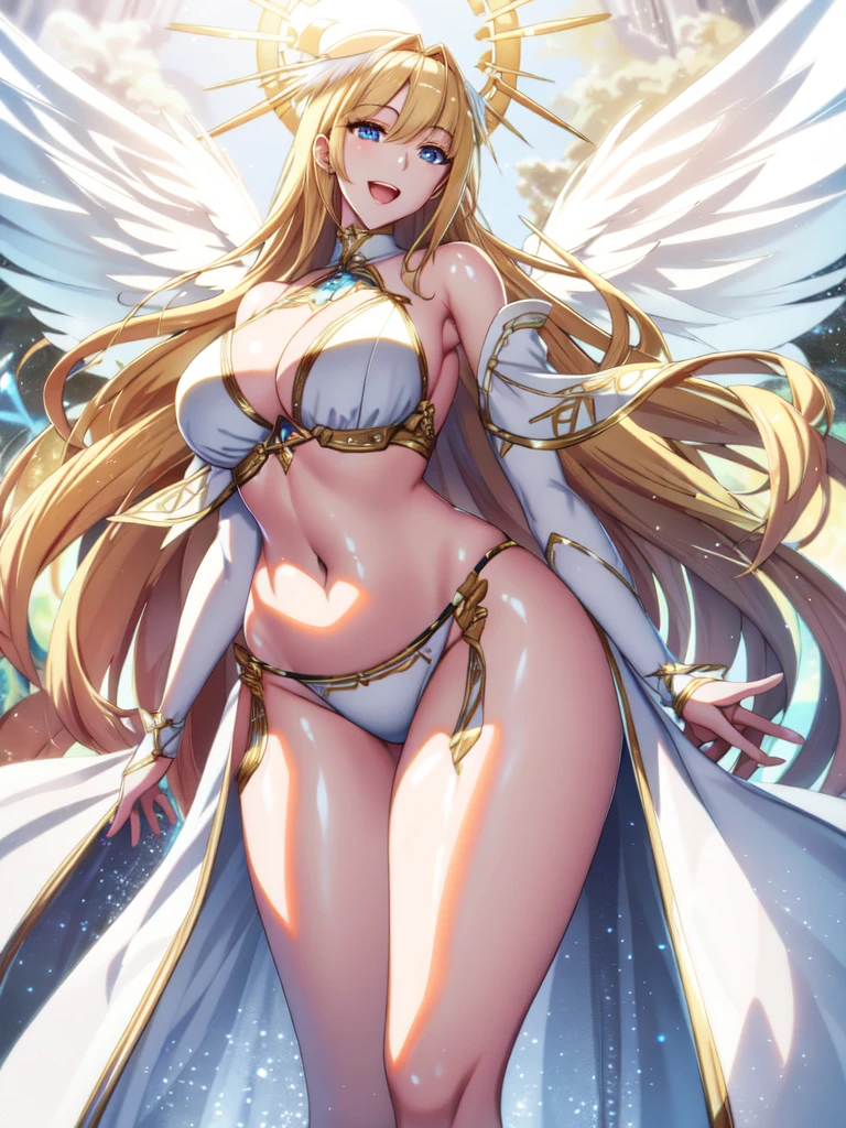 最high quality, high quality, 8K、High resolution,Highest quality、anime、solo、A priestess wearing a simple white bikini,Long legs、tall、Thigh Valkyrie,Angel Wings,Beautiful shiny, clean hands、belly button,Complex,Particles of light,Thighs,Shiny skin,Big Mouth、Long legs、Perfect lighting, One adult woman, Open Mouth Smile、(最high quality), maternal, Porcelain-like skin, Honey Blonde Hair,Detailed blue eyes、Very long straight hair