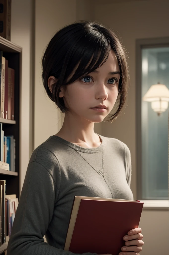 I want a photo of an emotion from the movie Inside Out,of a dark-haired woman with book in hand 