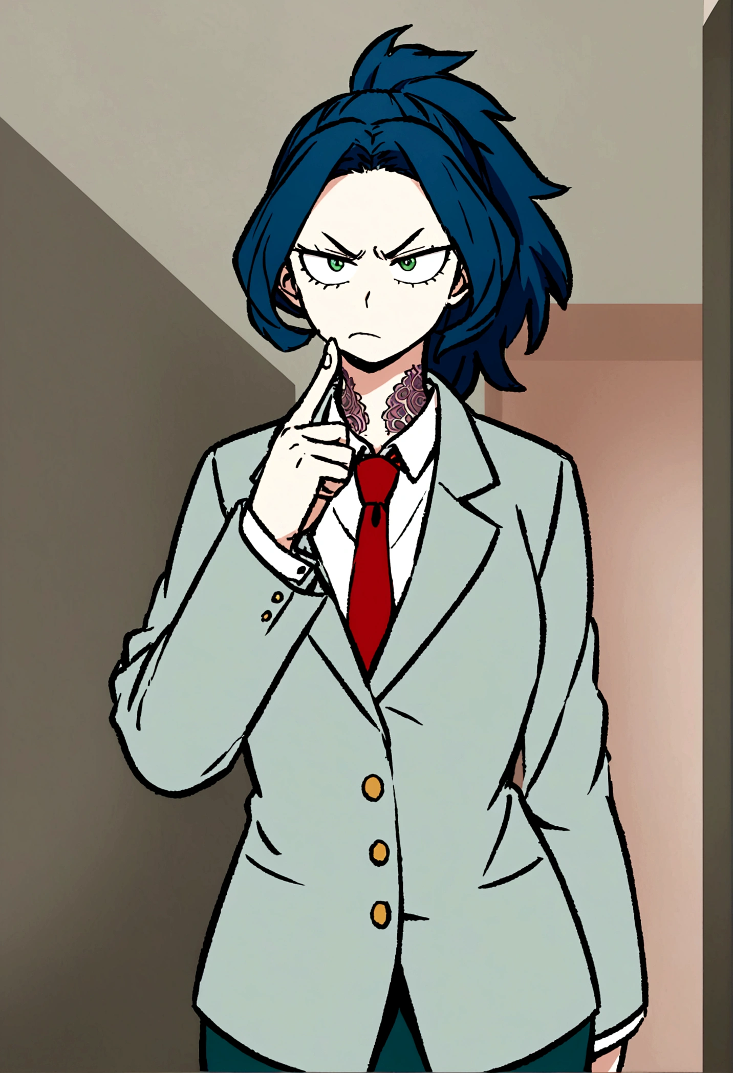 Screenshot Boku no Hero Academia, ua hallway background. Full body shot. young woman. short wavy navy blue hair with a white strand taken in a ponytail. light green eyes. parts. a wave tattoo on the neck. white long sleeve button up shirt, a gray jacket with blue-green stripes and a red tie. annoyed, showing a finger.