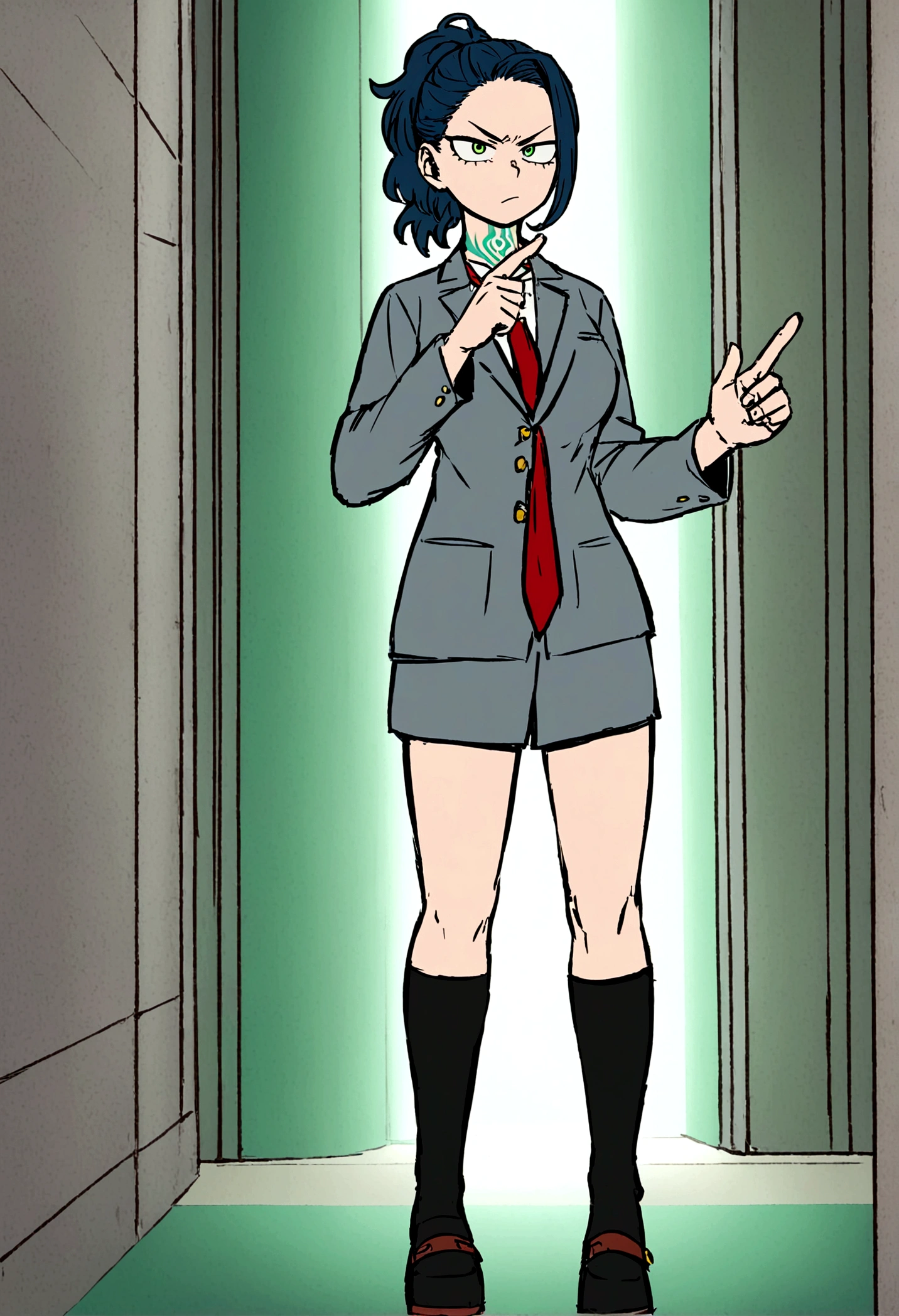 Screenshot Boku no Hero Academia, ua hallway background. Full body shot. young woman. short wavy navy blue hair with a white strand taken in a ponytail. light green eyes. parts. a wave tattoo on the neck. white long sleeve button up shirt, a gray jacket with blue-green stripes and a red tie. annoyed, showing a finger.